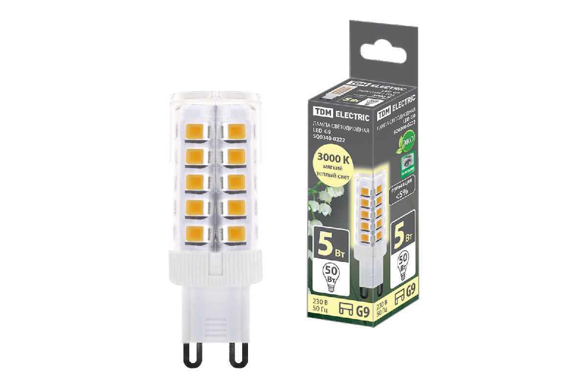 Лампа светодиодная TDM Electric G9 5W 3000K прозрачная SQ0340-0222