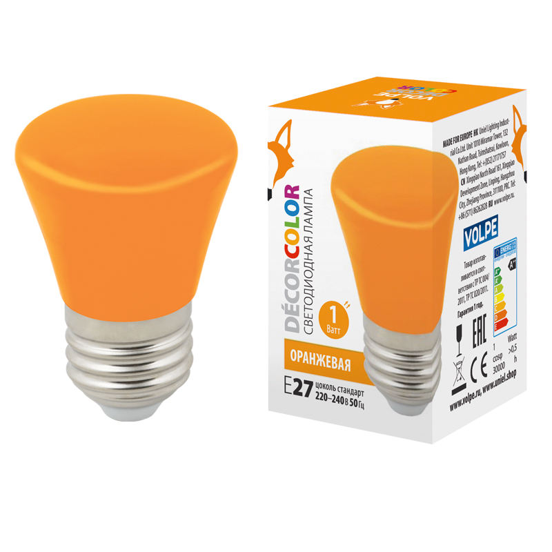 Лампа светодиодная Volpe Decor color LED-D45-1W/ORANGE/E27/FR/С BELL UL-00005642