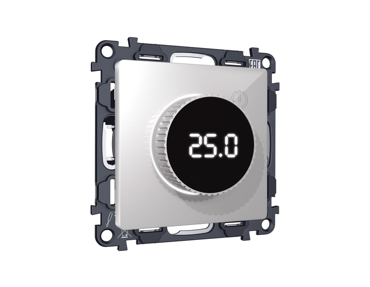 Комплект механизма терморегулятора с цифровым дисплеем с подсветкой и датчиком для теплого пола Alfa Серебро глянец Quant Ambrella Volt MA405810 (AP4058, VM1385)