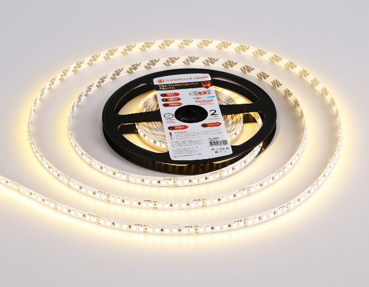 Светодиодная лента Ambrella Light LED Strip 12В 2835 14,4Вт/м 3000K 5м IP20 GS1301