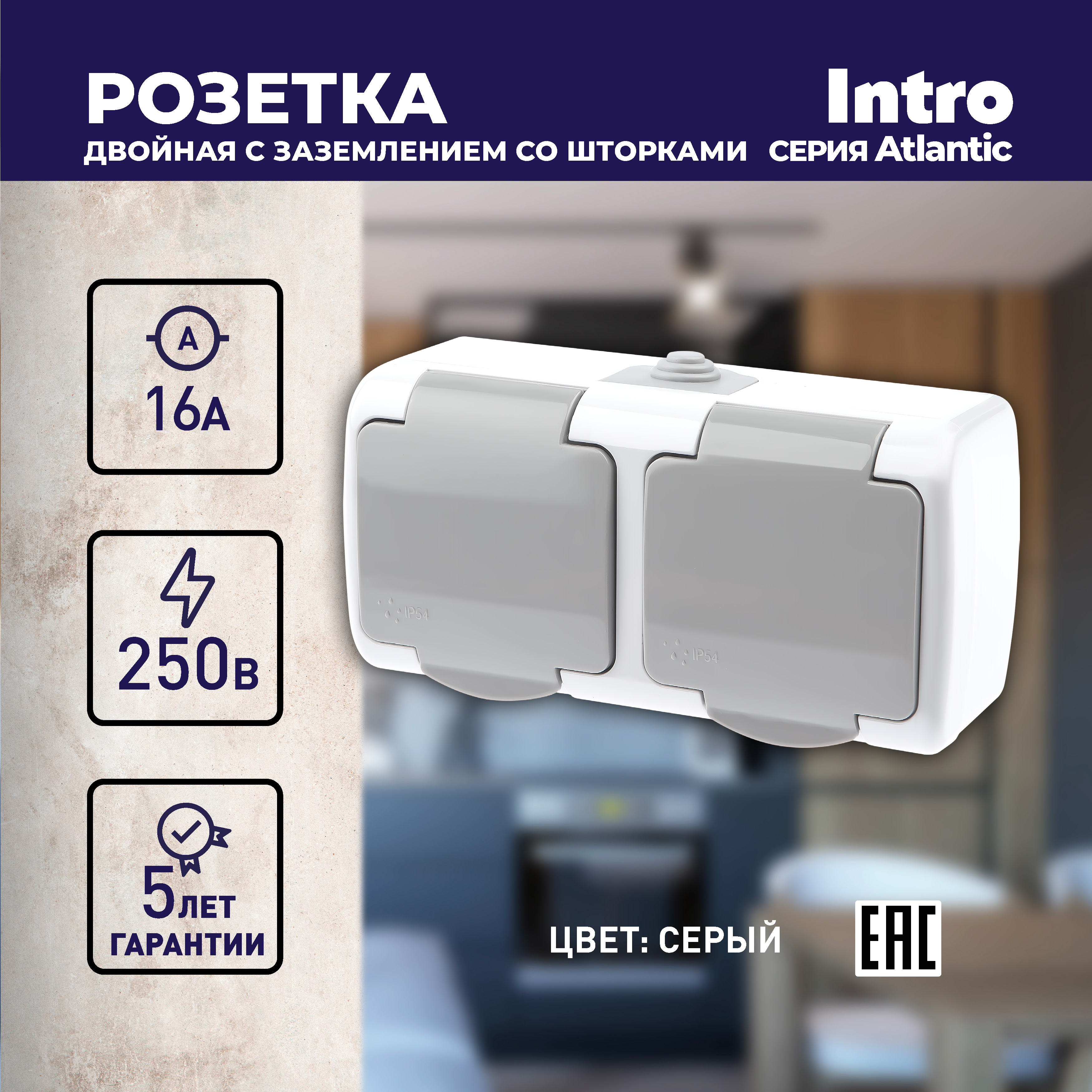 Розетка двойная ЭРА Intro Atlantic Schuko 2x2P+E 16A 250V с крышкой 5-204-03 Б0051061