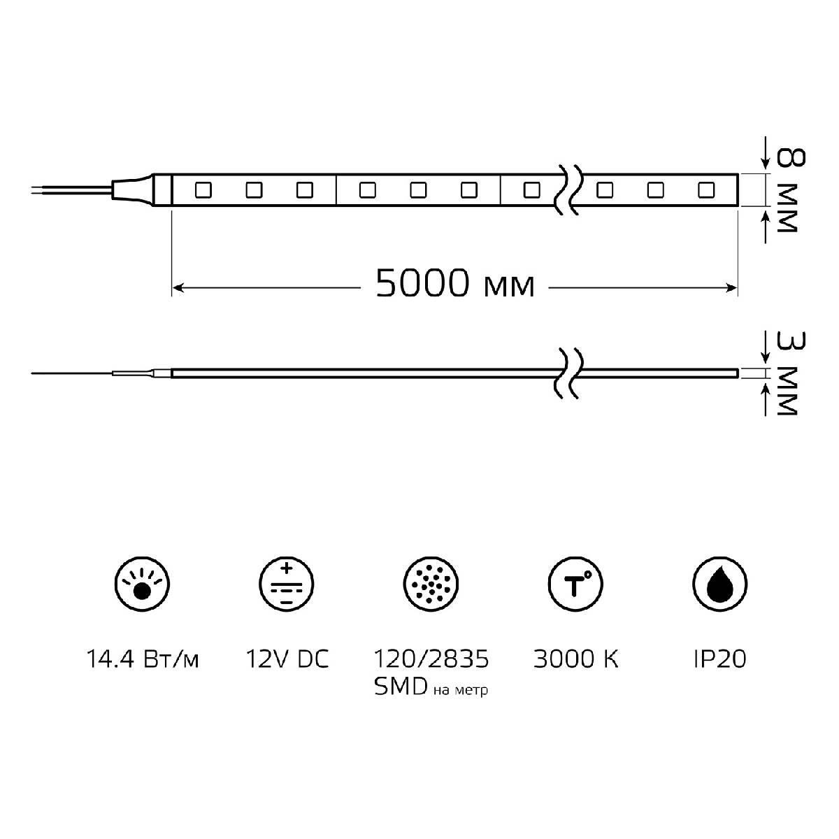 Светодиодная лента Gauss Basic 12В 2835 14,4Вт/м 3000K 5м IP20 BT085