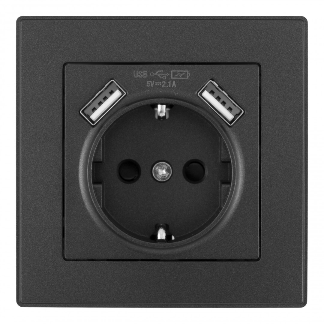 Комплект розетки с/з и шторками + USB и рамкой Arte Milano SET06-1-47-1 black