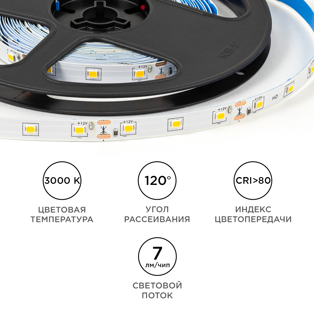 Светодиодная лента OGM 12В 2835 4,8Вт/м 3000К 7Лм/чип 5м IP20 LSE-246