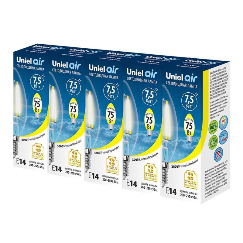 Лампа светодиодная филаментная Uniel E14 7,5W 3000K свеча прозрачная LED-C35-7,5W/WW/E14/CL GLA01TR Набор из 5штук UL-00008081