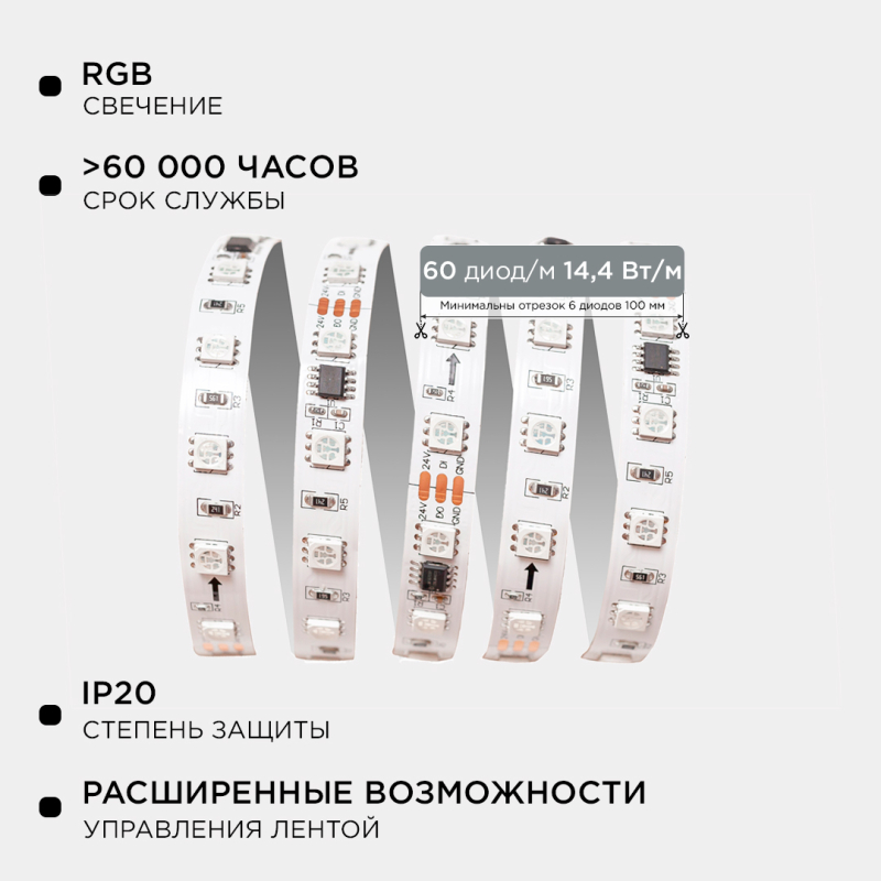 Комплект адресной светодиодной ленты Apeyron 24В 14,4Вт/м smd5050 60д/м IP20 5м RGB (адаптер питания, контроллер) 10-93
