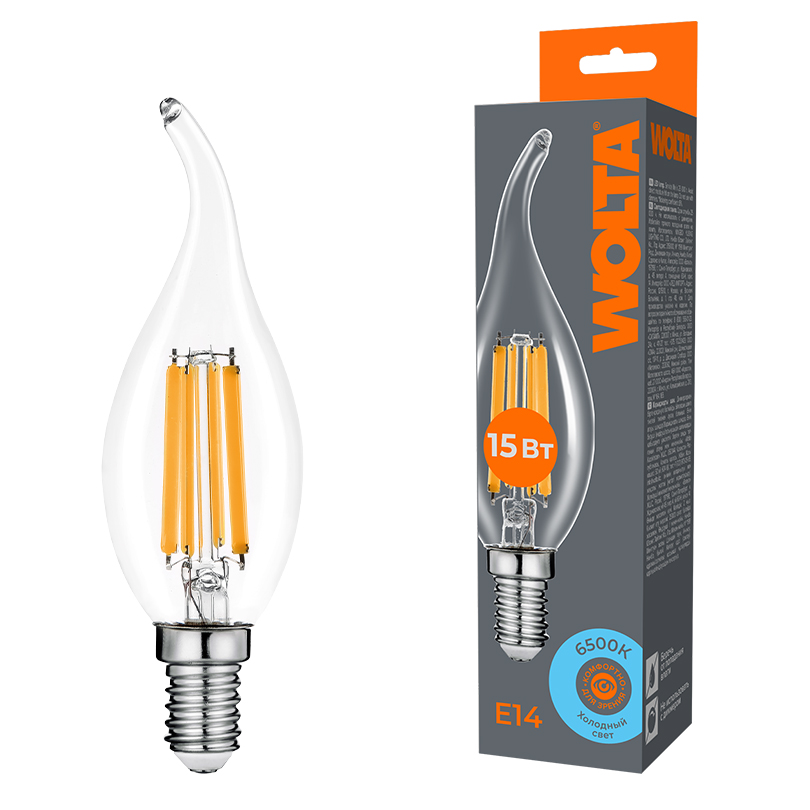 Лампа светодиодная филаментная WOLTA 15Вт 6500K Е14 свеча на ветру прозрачная WF-CT35-15W6KE14