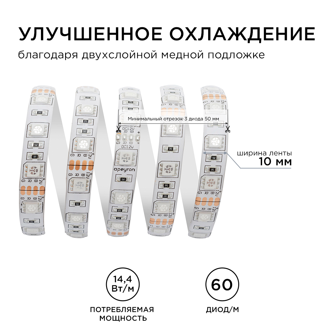 Светодиодная лента Apeyron 12В 14,4Вт/м smd5050 60д/м IP65 1м RGB 260BL