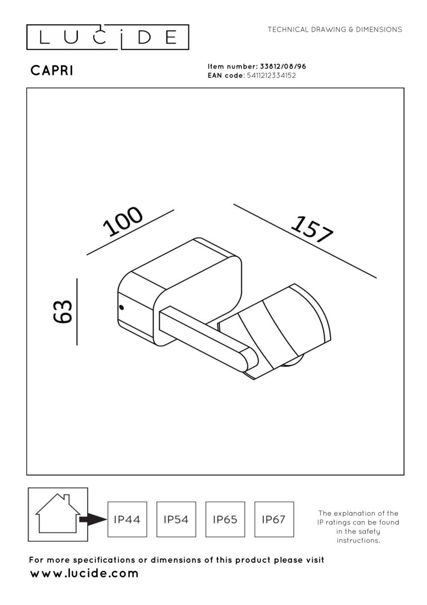 Уличный настенный светильник Lucide Capri 33812/08/96