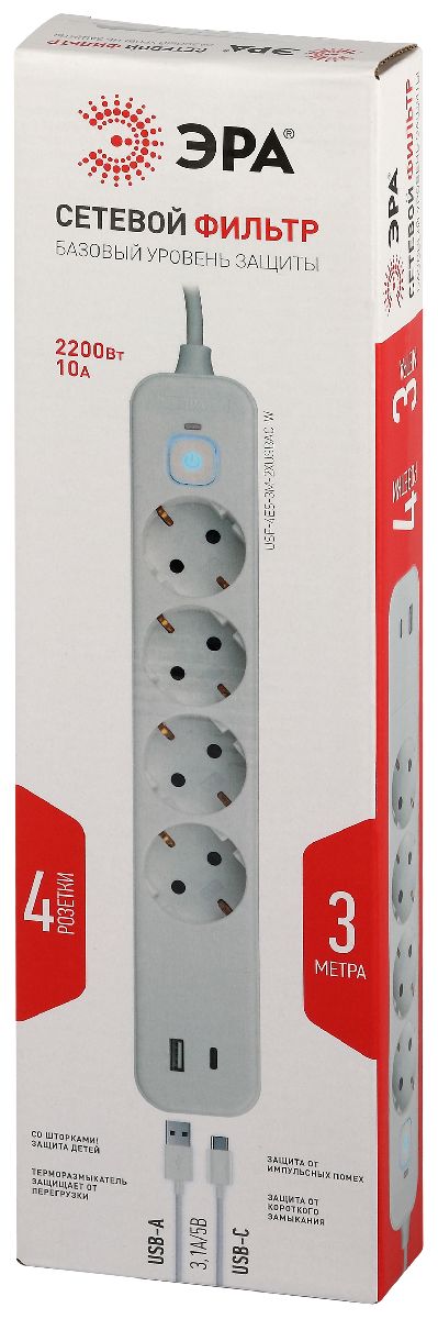Сетевой фильтр Эра USF-4es-3m-2xUSBAC-W Б0059573