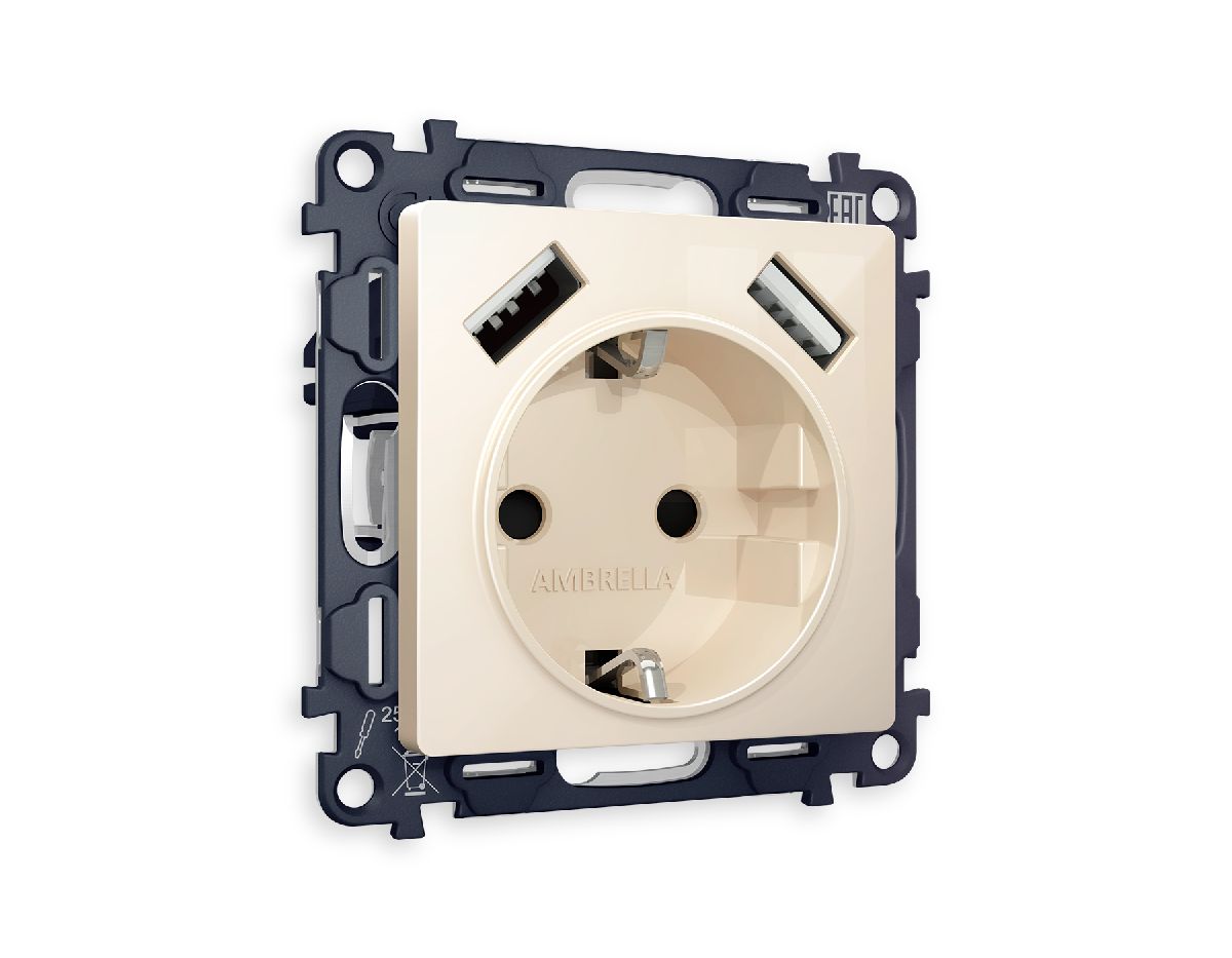 Комплект механизма розетки 2USB A+A 18W (быстрая зарядка) с/з Ambrella Volt Alfa MA309010