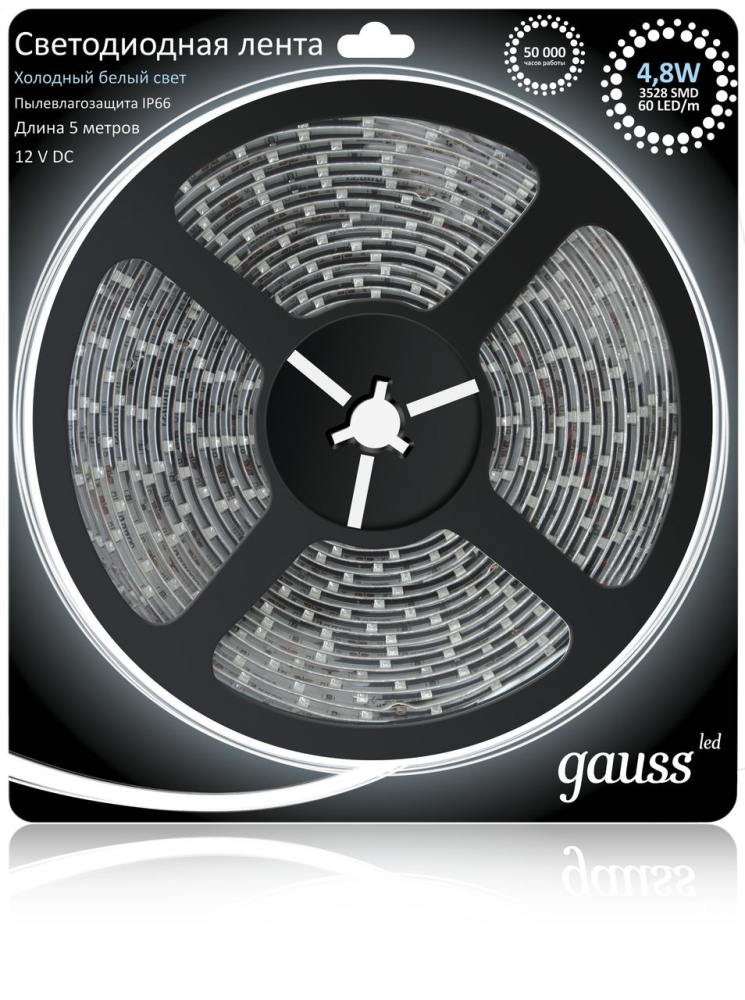 Светодиодная влагозащищенная лента Gauss 4,8W/m 60LED/m 2835SMD холодный белый 5M EB311000305