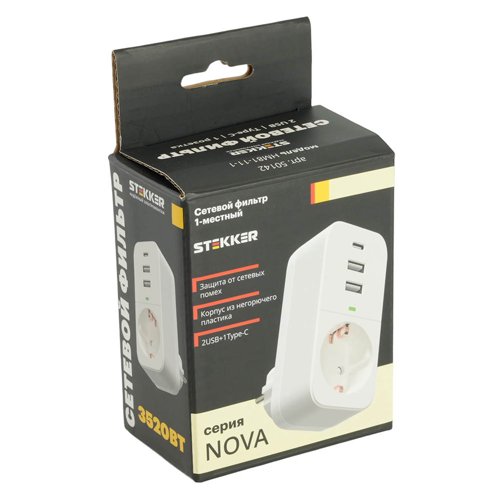 Сетевой фильтр 1-местный с/з Stekker Nova HM81-11-1 50142
