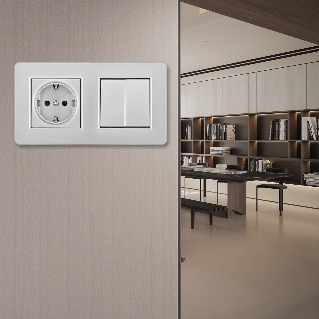 Выключатель двухклавишный с розеткой Arte Milano SET16-2-40-1-30-2 silver