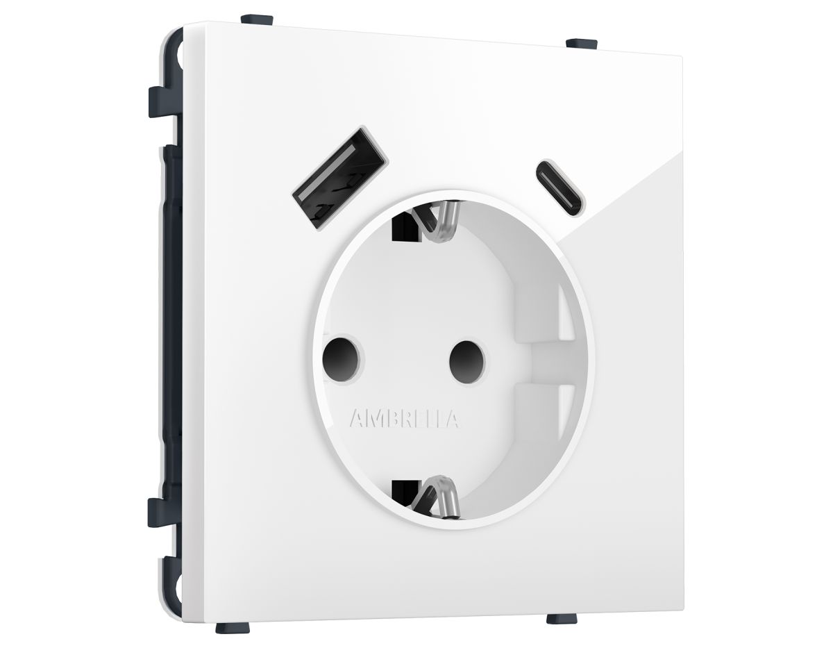 Комплект механизма электрической розетки SIGMA Белый глянец 2USB A+C 20W Ambrella Volt MS110010 (SP1100, PR160)