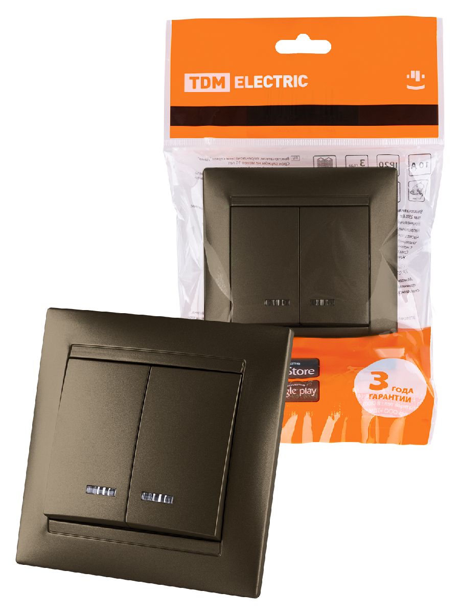 Выключатель двухклавишный с подсветкой Лама TDM Electric SQ1815-0705