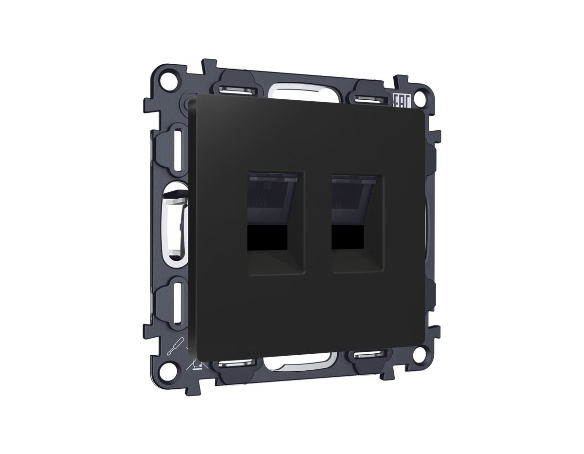 Комплект механизма компьютерной двойной розетки RJ-45 Ambrella Volt MA812110 (8P8C) CAT6 с автоматической защитной шторкой Alfa Черный матовый Quant