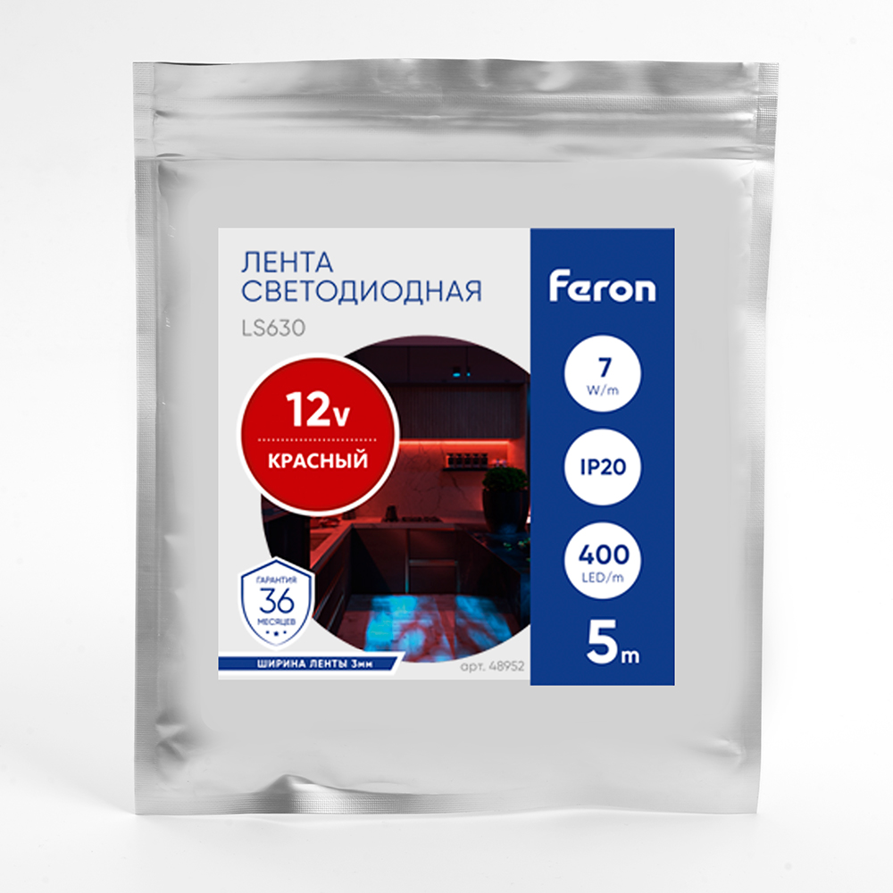 Светодиодная лента Feron LS630 12В 7Вт/м Красный 5м IP20 48952