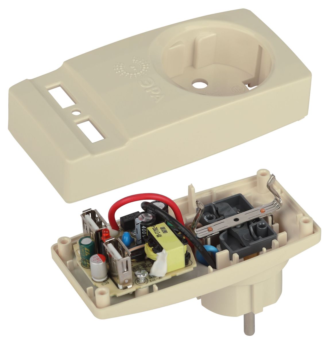 Разветвитель электрический Эра SP-1e-USB-I на 1 розетку + 2 USB с заземлением 16А сл. кость Б0027836