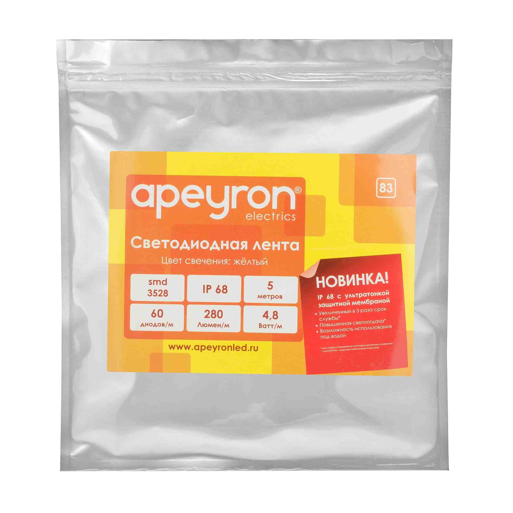 Светодиодная лента Apeyron 12В СТ 4,8Вт/м smd3528, 60д/м IP67 (НАНО) 5м желтая 00-83