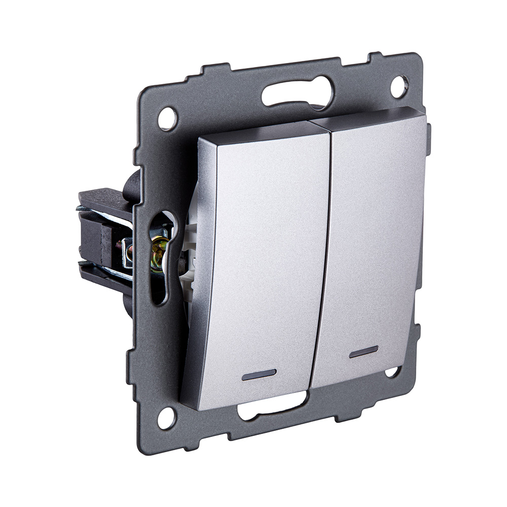 Выключатель 2-клавишный 10А/250В с LED подсветкой, изогнутый, серый Kollinger REA-R-008GY для Aspekt, Eleganz, Reflex