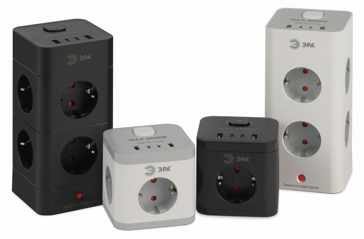 Сетевой фильтр ЭРА CUBE-3es-1,5m-4USB-B куб с заземлением с выключателем 3 розетки+4xUSBA+C 1,5м 16А черный Б0069074