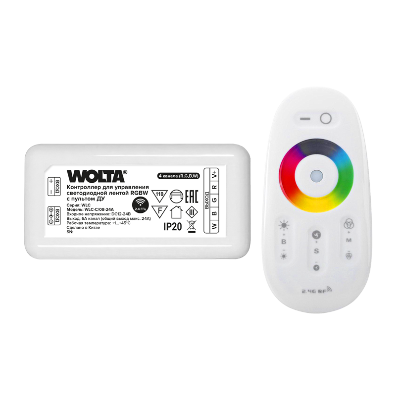 Контроллер 4-канальный для светодиодной ленты RGBW 12-24В, 24А с пультом RF2.4ГГц WOLTA WLC-C/08-24A
