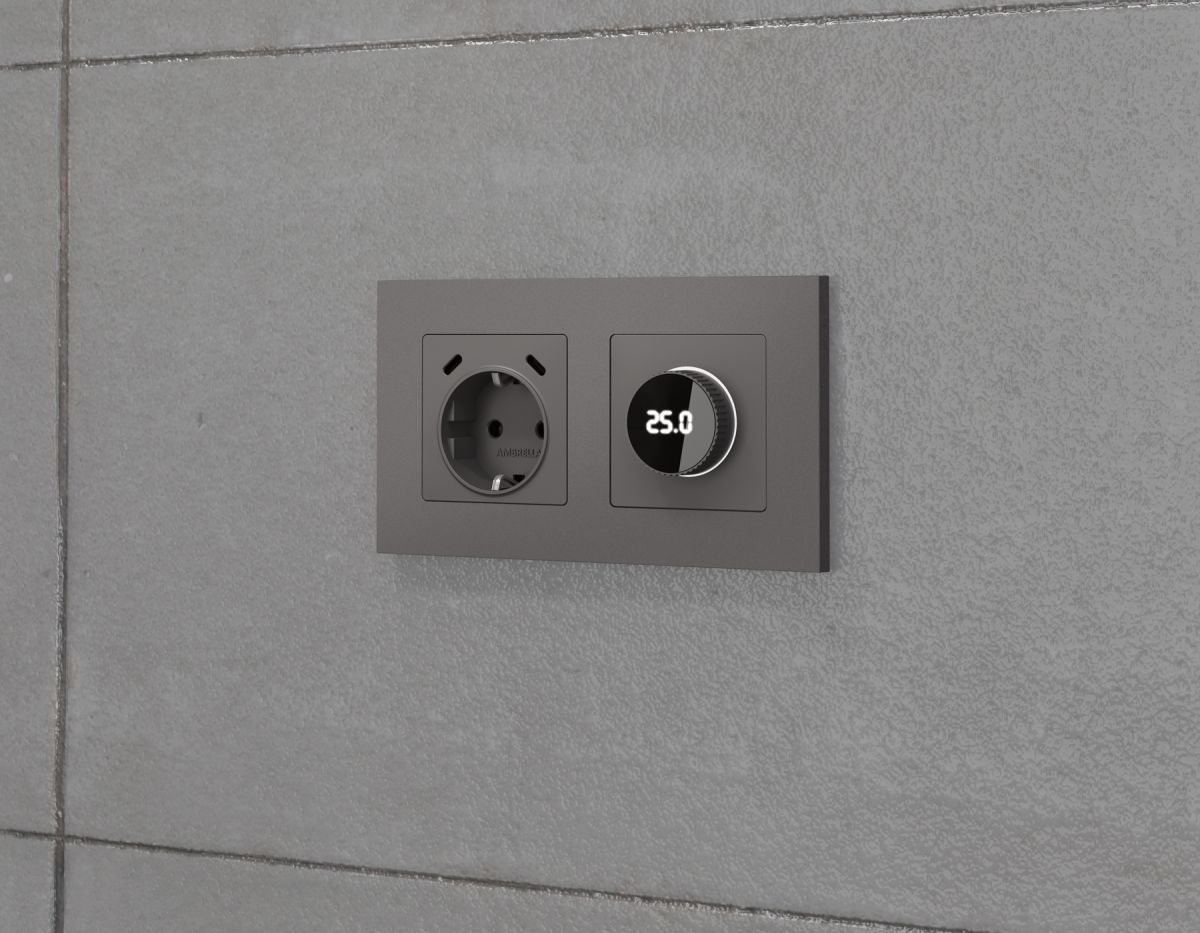 Комплект механизма терморегулятора с цифровым дисплеем с подсветкой и датчиком для теплого пола Alfa Антрацит серый Quant Ambrella Volt MA655810 (AP6558, VM1385)