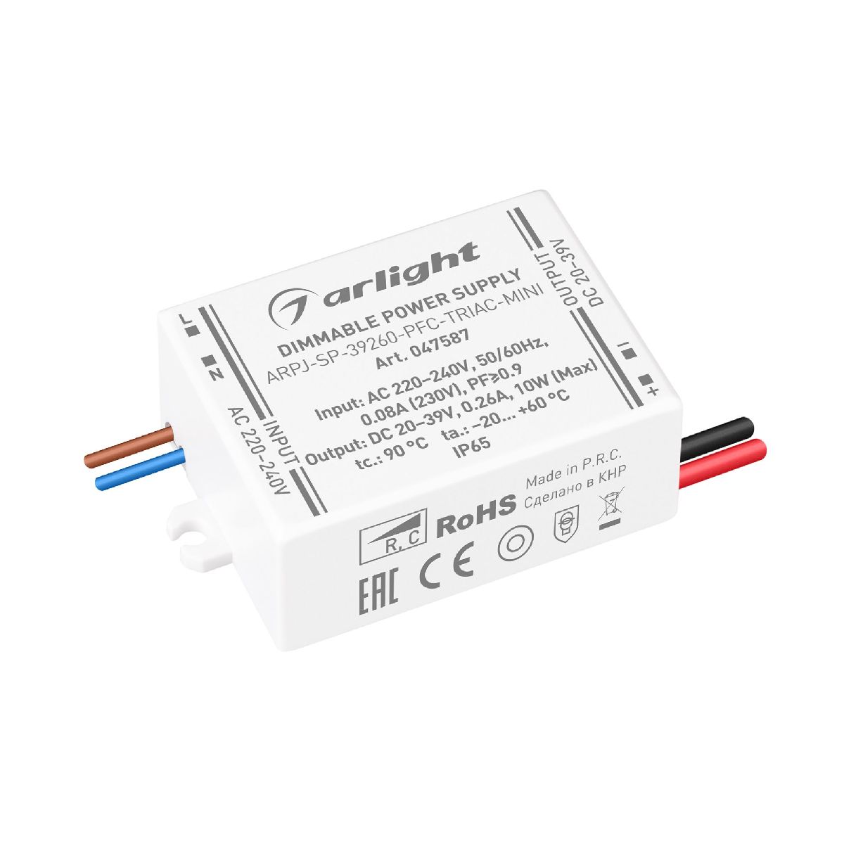 Блок питания Arlight ARPJ-SP-39260-PFC-TRIAC-MINI (10W, 20-39V, 260mA) 047587