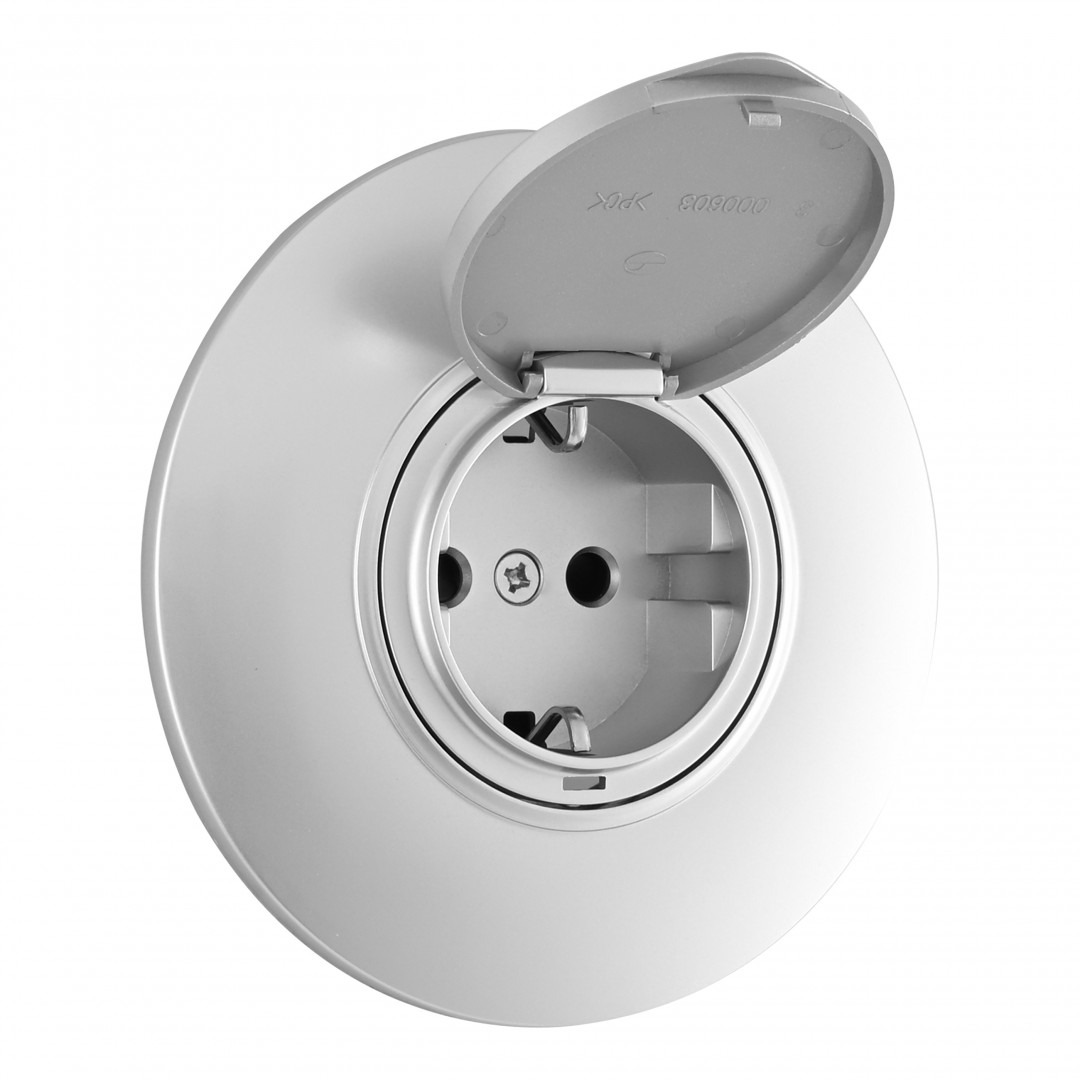 Розетка круглая с/з и шторками, защитной крышкой и рамкой Arte Milano SET08-1-41-1 silver