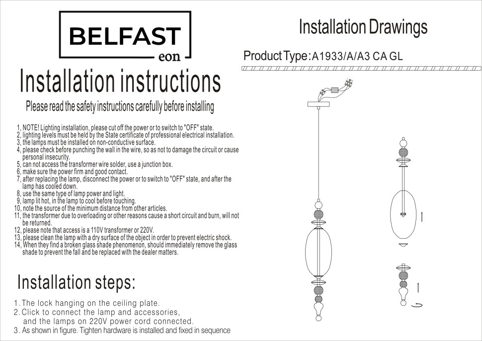 Подвесной светильник Belfast Herbison A1933-A-A3 CA GL