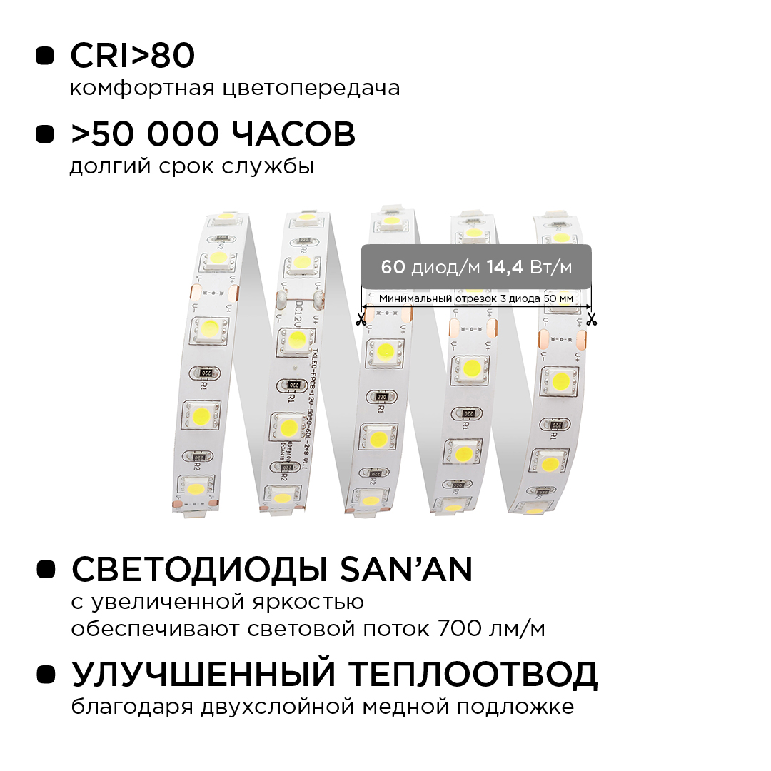 Комплект светодиодной ленты Apeyron 12В 14.4Вт/м smd 5050 60 д/м IP20 2,5м 6500K (блок, коннектор) 10-12