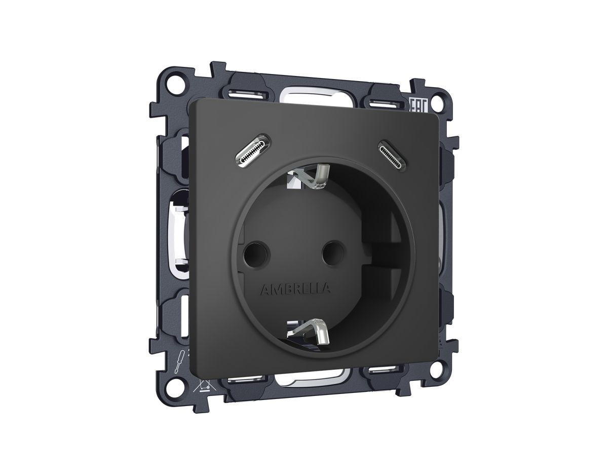 Комплект механизма электрической розетки 2USB С+C 20W с/з на винтовых зажимах 16A-250V Alfa Графит мягкое касание Quant Ambrella Volt MA910510 (AP9105, VM165)