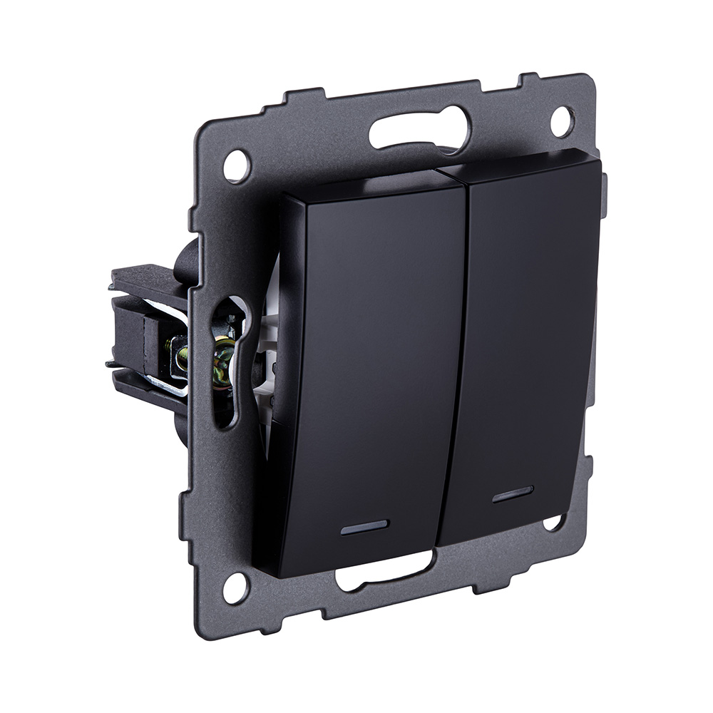 Выключатель кнопочный 2-клавишный 10А/250В с LED подсветкой, изогнутый, черный Kollinger REA-R-014BK для Aspekt, Eleganz, Reflex