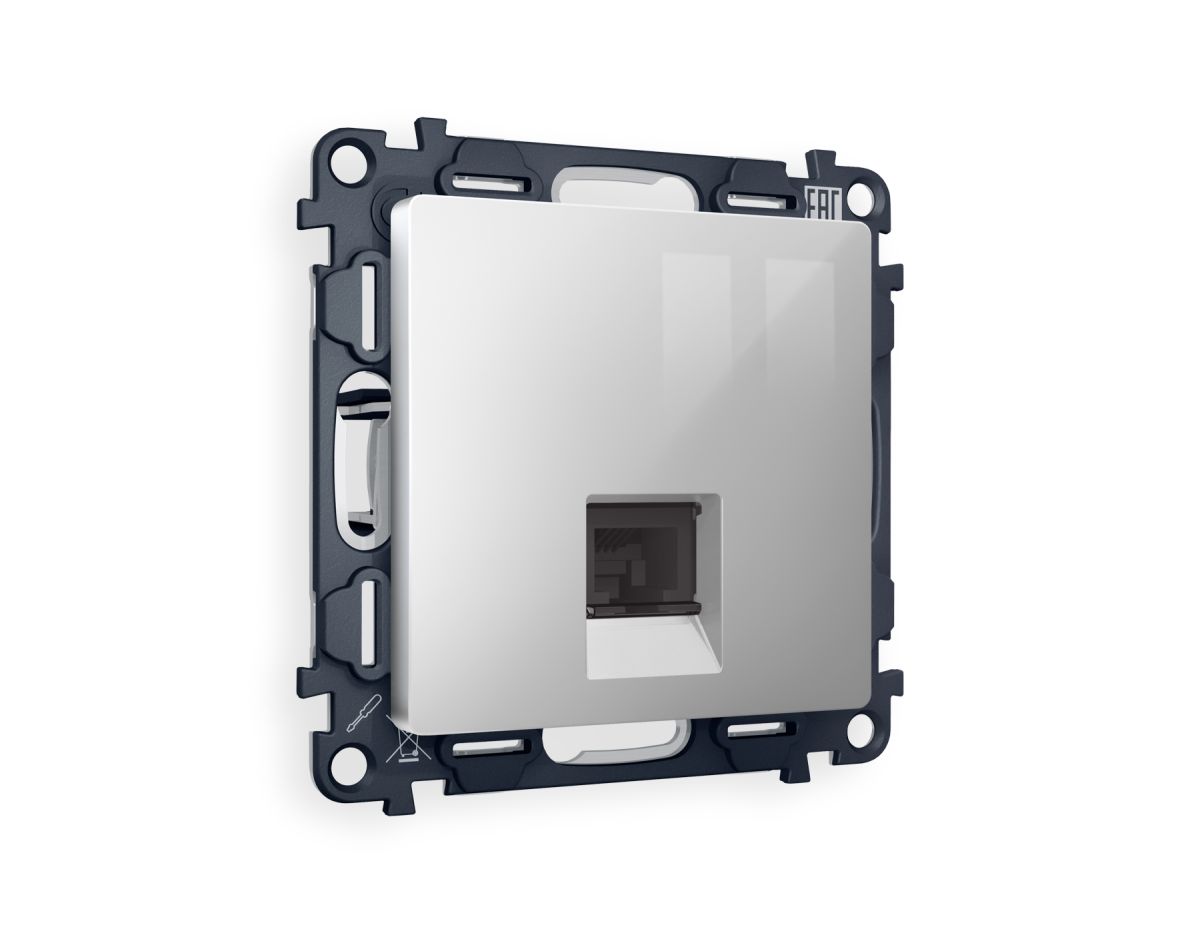 Комплект механизма компьютерной розетки RJ-45 экранированной с автоматической защитной шторкой Alfa Серебро глянец Quant Ambrella Volt MA412005 (AP4120, VM185)