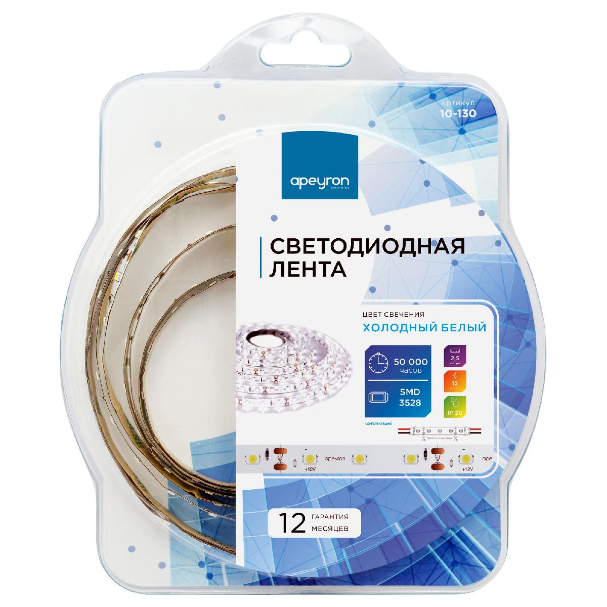 Светодиодная лента Apeyron 12В СТ 4,8Вт/м smd3528, 60д/м IP20 280Лм/м 2,5м 6500К 10-130