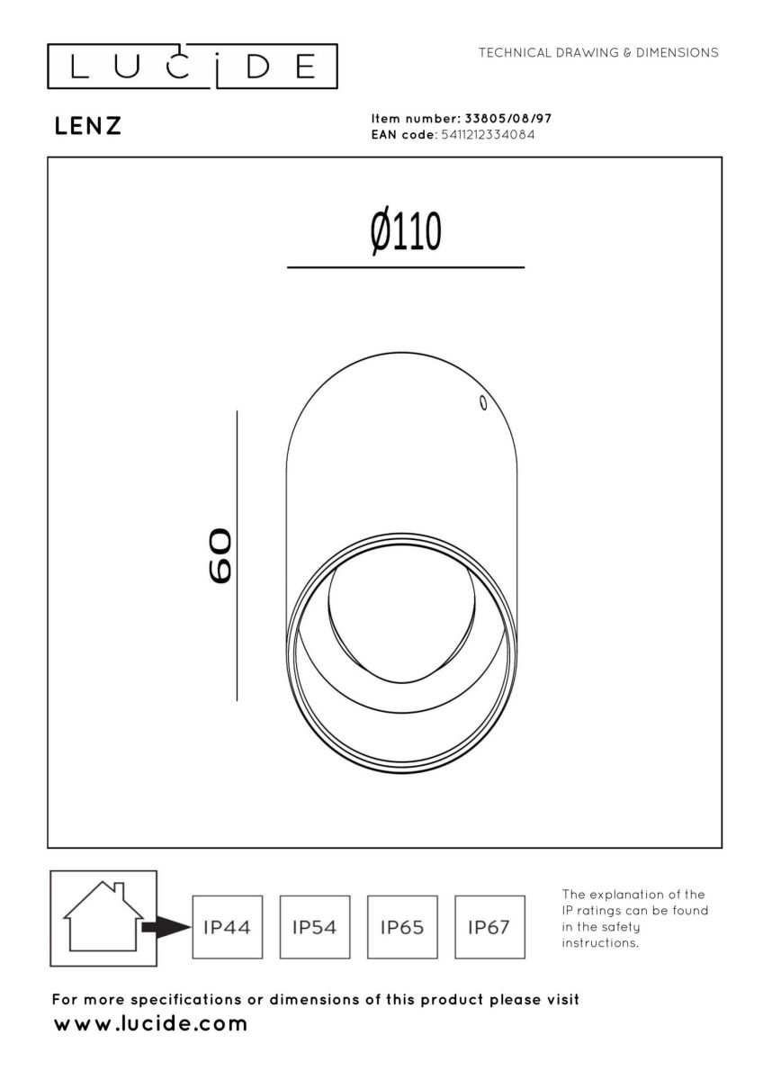 Уличный потолочный светильник Lucide Lenz 33805/08/97