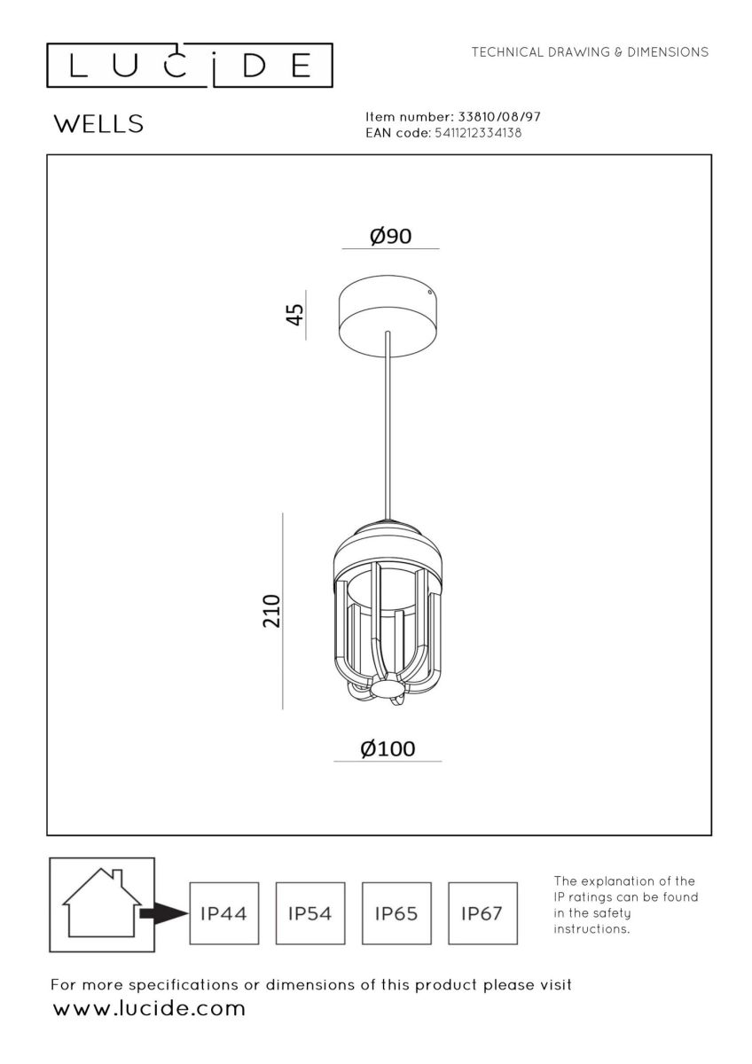 Уличный подвесной светильник Lucide Wells 33810/08/97