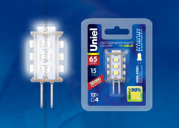 Лампа светодиодная (04952) Uniel G4 0,9W 4500K прозрачная LED-JC-12/0,9W/NW/G4 65lm