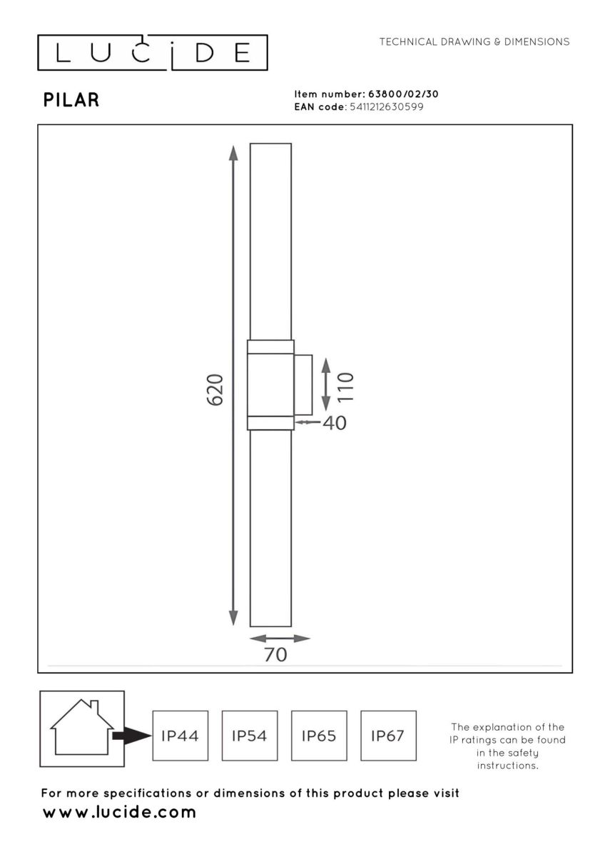 Уличный настенный светильник Lucide Pilar 63800/02/30