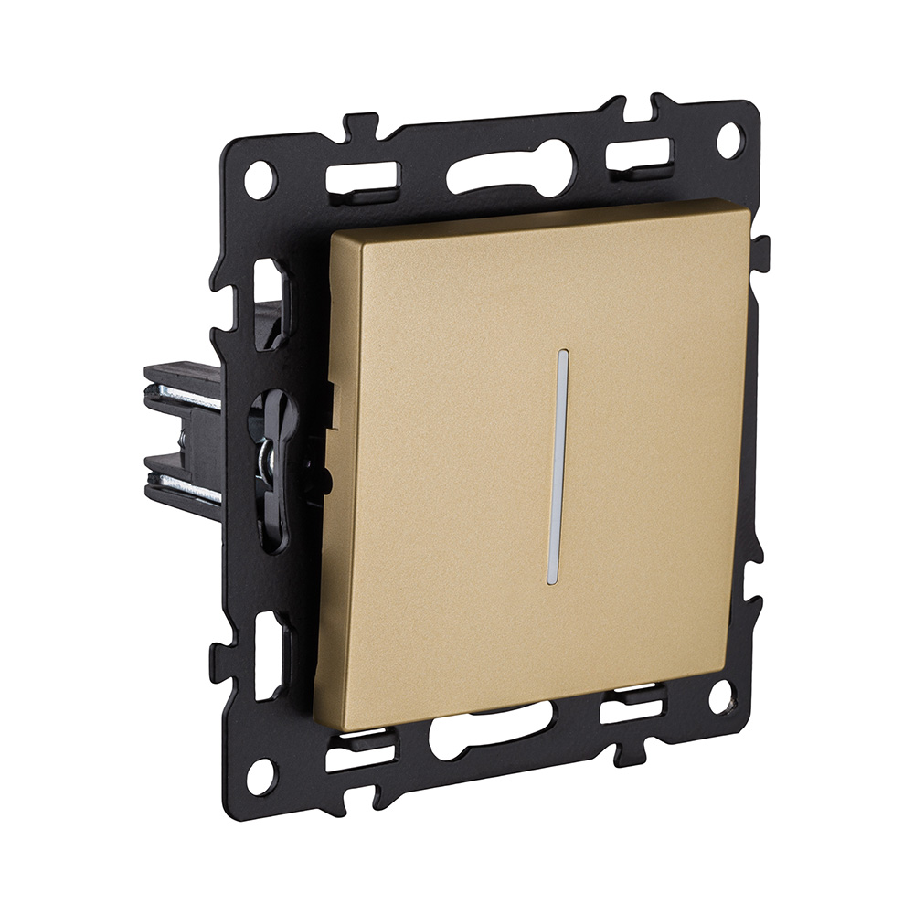 Выключатель 1-клавишный проходной 10А/250В с LED подсветкой, золотой Kollinger Asthetik AS-008GD