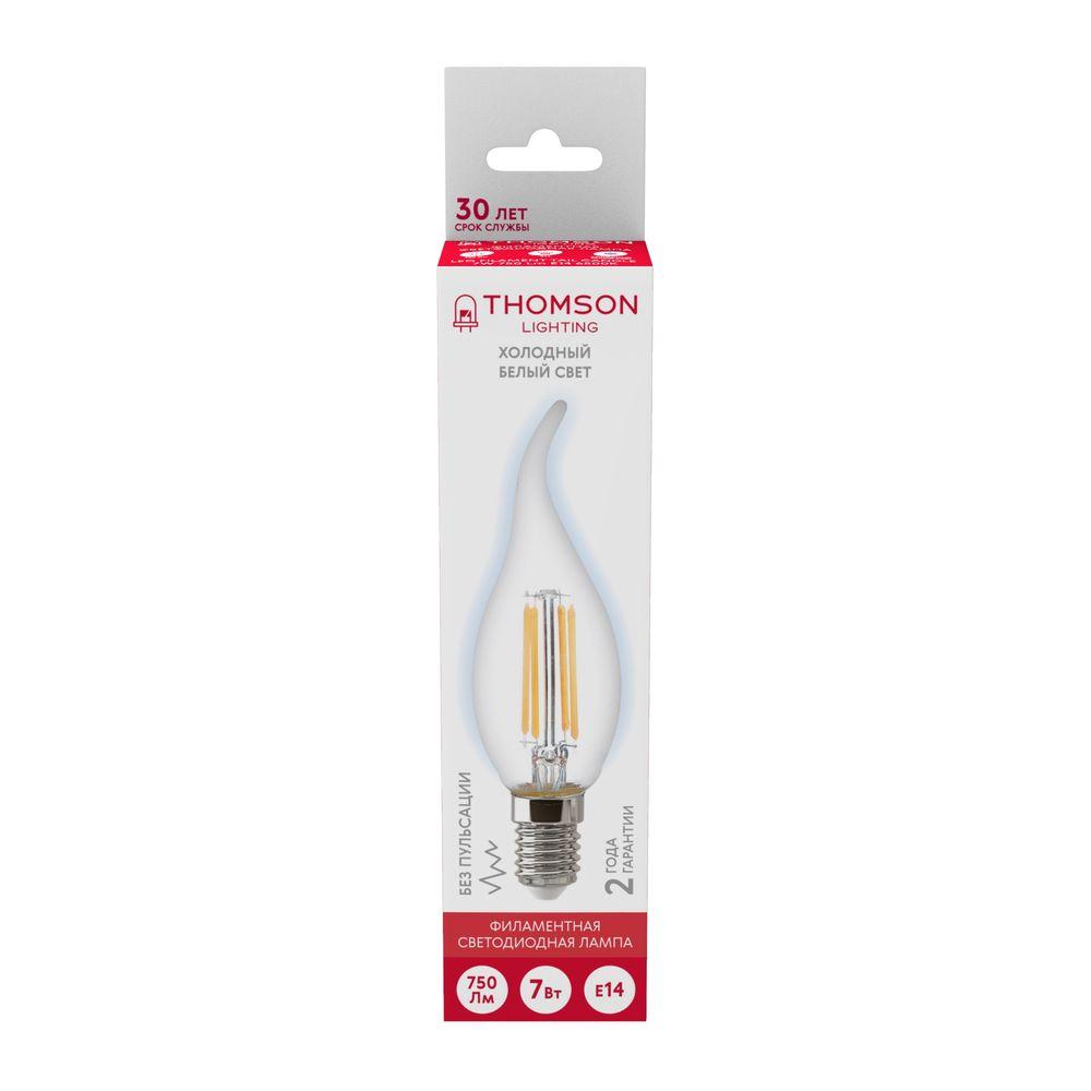 Лампа светодиодная филаментная Thomson E14 7W 6500K свеча на ветру прозрачная TH-B2336