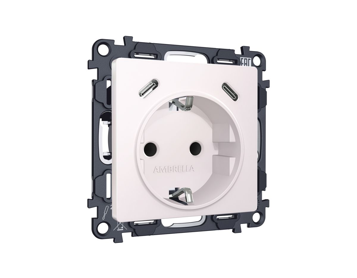 Комплект механизма электрической розетки 2USB С+C 20W Ambrella Volt MA210510 (быстрая зарядка) с/з на винтовых зажимах 16A-250V Alfa Жемчуг Quant