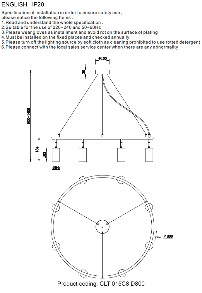 Подвесная люстра Crystal Lux CLT 015C8 D800 BL-GO