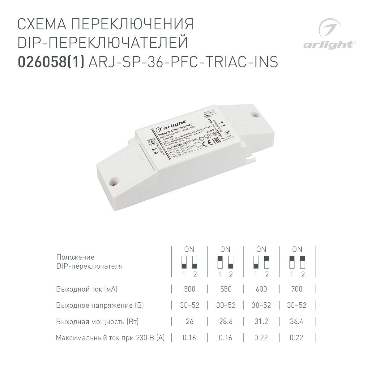 Блок питания Arlight ARJ-SP-36-PFC-Triac-INS (36W, 30-52V, 0.5-0.7A) 026058(1)