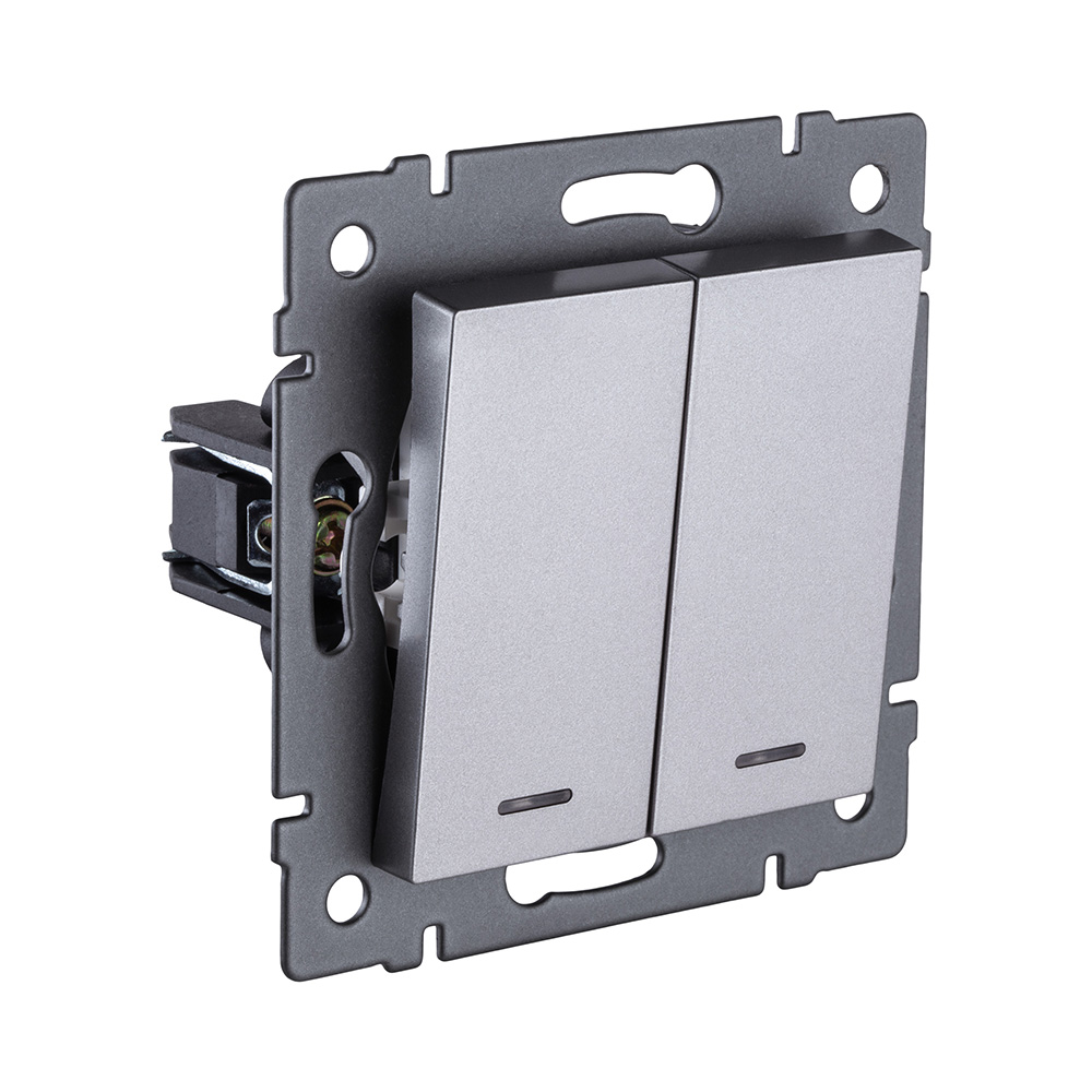 Выключатель 2-клавишный проходной 10А/250В с LED подсветкой, серый Kollinger REA-S-010GY для Aspekt, Eleganz, Reflex