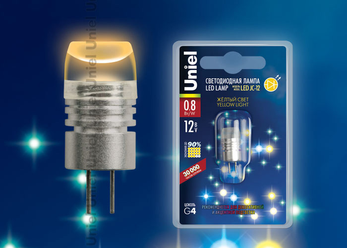Лампа светодиодная (05857) Uniel G4 0,8W прозрачная LED-JC-12/0,8W/YELLOW/G4
