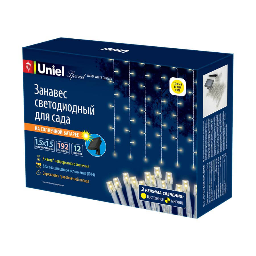 Гирлянда на солнечных батареях (UL-00006538) Uniel Занавес USL-S-131/PT1515 Warm White Curtain