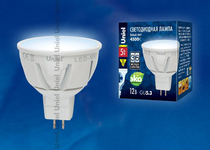 Лампа светодиодная (UL-00000942) Uniel GU5.3 5W 4500K MR16 матовая LED-MR16-5W/NW/GU5.3/FR PLP01WH