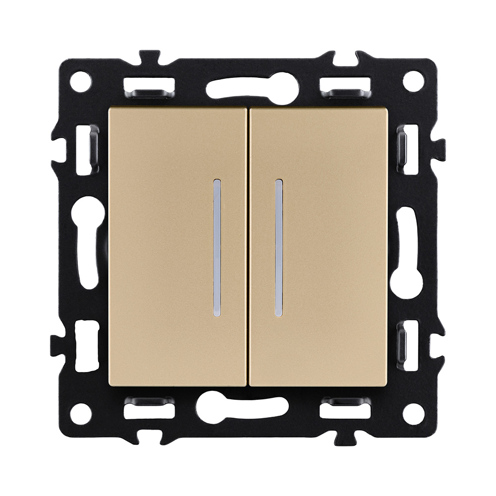 Выключатель 2-клавишный проходной 10А/250В с LED подсветкой, золотой Kollinger Asthetik AS-011GD